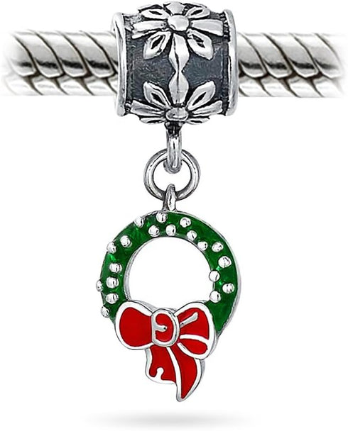 Green Christmas Holiday Red Bow Green Wreath Green Mistletoe Holly Dangle Charm Bead For Women Teen Enamel .925 Sterling Silver Fits European Brac...