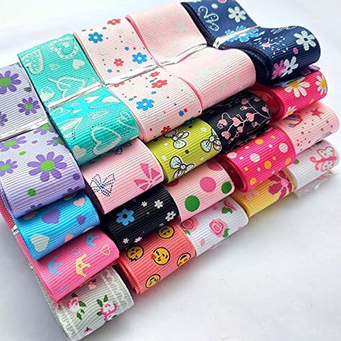 Assorted 20 Yards Grosgrain Ribbon Bow Daisy Butterfly Cake Love Heart Dots Flower Rose Smile Face Craft DIY Packing Hair Bow Accessory...
