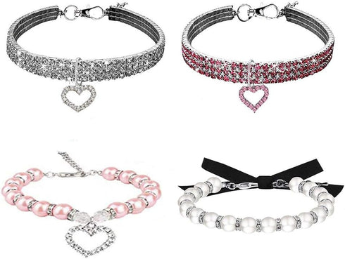 Rhinestones Dog Collar and Pearl Dog Necklace Set, Adjustable Neck Strap Bling Full Diamond Crystal Cute Pearl Dog Collar for Small Girls Cats Pup...