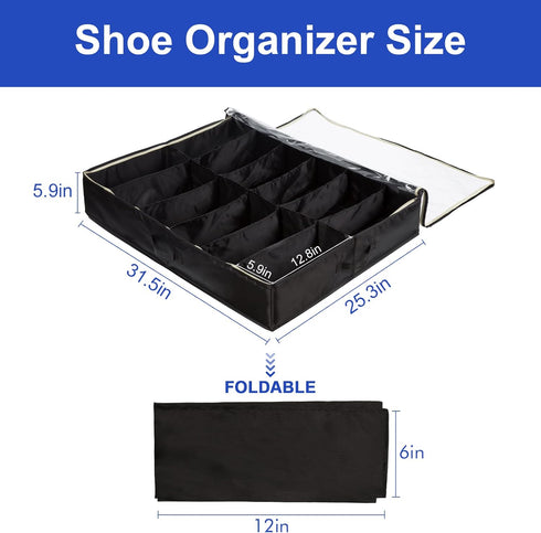 Surblue Under Bed Shoe Storage Organizer Underbed Shoes Closet Storage Solution 2 Metal zippers and 3 Handles with Clear Cover for Men's and Women...