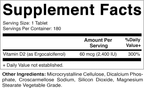 Vitamatic Vitamin D2 60 mcg (2400 IU) - Ergocalciferol - 180 Vegetarian Tablets (180 Tablets (Pack of 1)) (2 Bottles)...