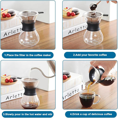 Pour Over Coffee Maker, Portable Drip Coffee Brewer with Reusable Stainless Steel Conical Filter, Glass Carafe Pot with Silicone Protective Cover ...
