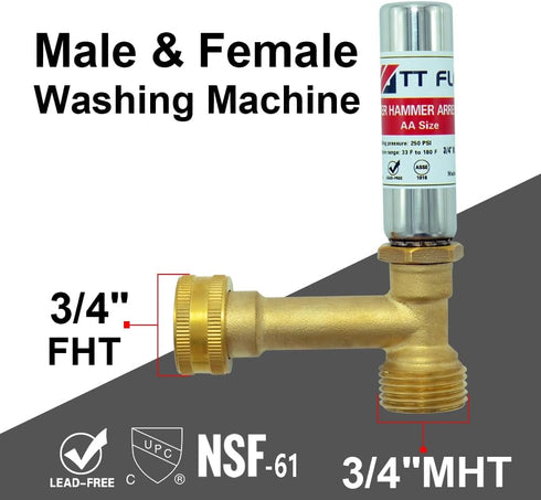 Stainless Steel Water Hammer Arrestor 3/4 Inch Swivel FHT x 3/4 Inch MHT For Washing Machine and garden hose water pipe...