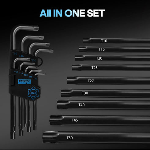 DISEN 9 Pieces Torx Star Allen Wrench Set, Long Arm Star Key Set T10-T50, Chrome Vanadium Steel...