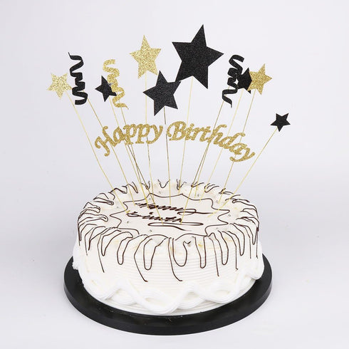 Handmade Black and Glod Glitter Pentacle Pentacle Cake Toppers Happy Birthday Cake Bunting Topper Paper, Birthday Party Decoration...