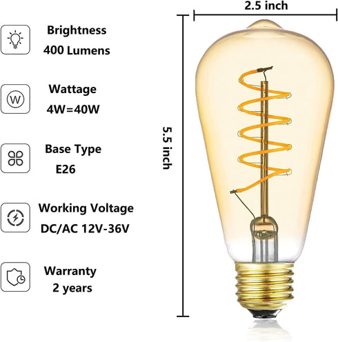 12V LED Edison Bulbs 40W Equivalent, Low Voltage 4W Vintage Style Spiral LED Filament Light Bulbs, E26 Medium Base, Warm White 2700K, Antique ST64...