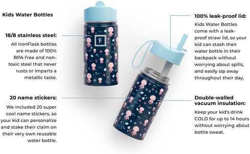 IRON °FLASK Kids Water Bottle - 18 Oz, Straw Lid, 20 Name Stickers, Vacuum Insulated Stainless Steel, Double Walled Tumbler Travel Cup, Thermos Mu...