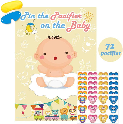 Hooqict Pin The Pacifier On The Baby Game, Baby Pacifier Games Poster with 72pcs Pacifiers Stickers Baby Shower Games Party Favors Girls Boys Kids...