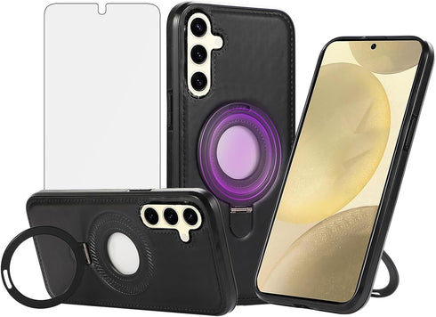 Phone Case for Samsung Galaxy S24 Plus S24+ 5G with Tempered Glass Screen Protector Magnetic Magsafe Rugged Stand Ring Holder Faux Leather Protect...