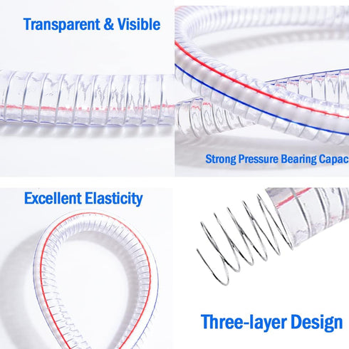 QuQuyi 1" ID x 1-1/4" OD, 3FT length Steel Wire Hose PVC Vacuum Tubing (with 2 Stainless Clamps), Drain Hose Vinyl Suction Tubing Flexible Tube Vi...