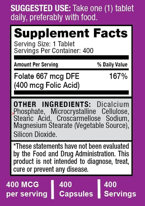 Safrel Folic Acid 400 mcg - Vitamin B9-400 Tablets, Essential Prenatal and Postnatal Vitamin for Fetal Development, Red Blood Cell Production, Cel...