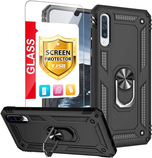 TJS Compatible with Samsung Galaxy A50 2019 Case, with Tempered Glass Screen Protector Metal Ring Magnetic Support Kickstand Heavy Duty Drop Prote...