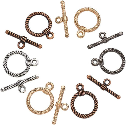 Beadthoven 20 Sets Tibetan Style Twisted Toggle T-Bar Clasps Mixed Color Round Bracelet Jewelry Claps Connectors OT Buckle Closure Findings for DI...