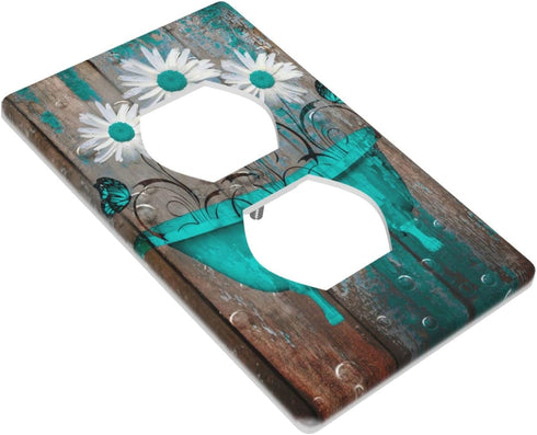 Rustic Teal Single Duplex Receptacle Cover 1 Gang Farmhouse Daisy Outlet Covers Decorative Wall Plates for Home Bathroom, 4.50 x 2.76 Inch...