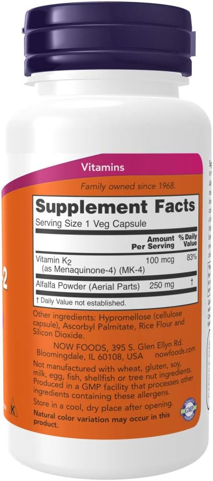 NOW Supplements, Vitamin K-2 100 mcg, Menaquinone-4 (MK-4), Supports Bone Health*, 100 Veg Capsules...