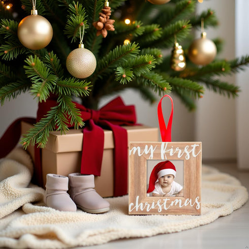 Pearhead Baby’s First Christmas Wooden Picture Frame Ornament, Newborn Milestone Keepsake Photo, Holiday Gift For New and Expecting Parents, Rusti...