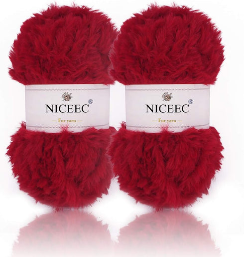 NICEEC 2 Skeins Super Soft Fur Yarn Chunky Fluffy Faux Fur Yarn Eyelash Yarn for Crochet Knit-Total Length 2×32m(2×35yds,50g×2)-Red......