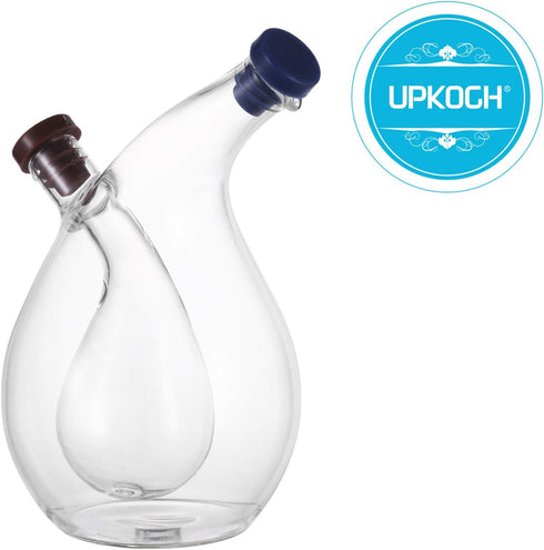 UPKOCH Healeved Clear Glass Olive Oil and Vinegar Dispenser Bottles Double Pourer Spout Stoppers for Cooking - 15.5 x 9.2 x 9.2cm (Round Shape)...