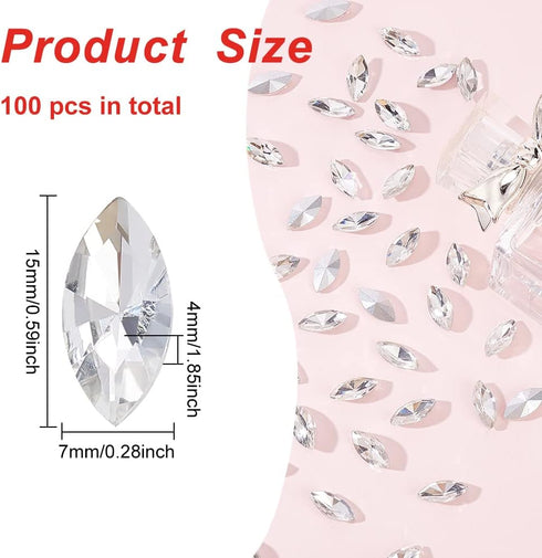 FINGERINSPIRE 100 Pcs Horse Eye Glass Rhinestones Gems Pointed Back Rhinestone 0.6x0.3x0.2 inch Clear Jewels Embelishments with Silver Plated Back...