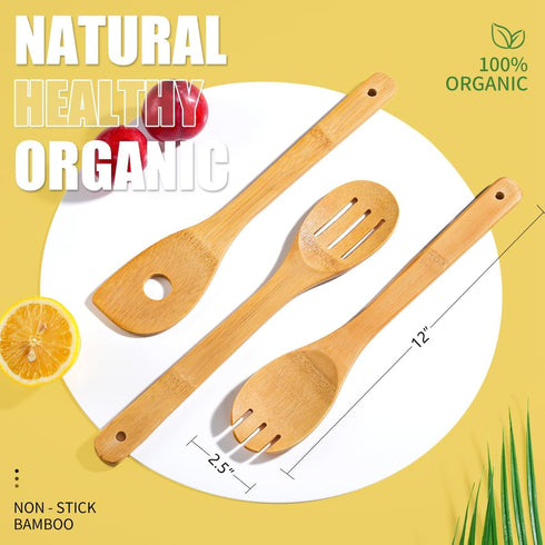 IOOLEEM Bamboo Wooden Spoons for Cooking 6 Pcs 12 Inch, Non-Stick Wooden Kitchen Utensils Set, Natural and Durable Wooden Spatula Spoons for Non-S...