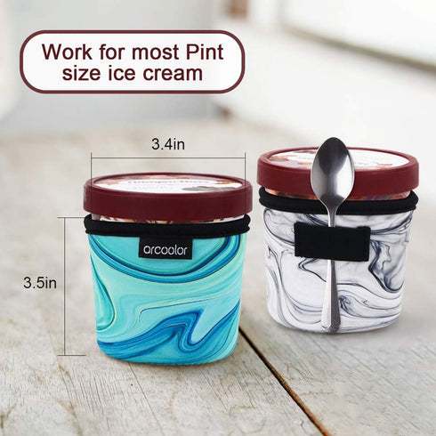 4 Pack Pint Size Ice Cream Sleeves Cozy Neoprene Cover with Spoon Holder (Marble)...
