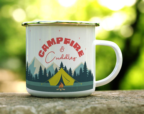 Campfire and Cuddles Enamel Camp Mug, Outdoor Camping Coffee Cup, Mountain Nature Hiking Outdoorsy Gift (12oz)...
