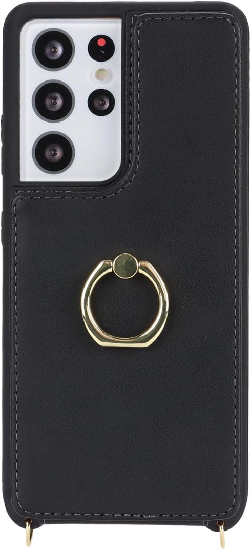 for Samsung Galaxy S21 Ultra Case with Card Holder and Strap for Women,Crossbody Lanyard,Ring Stand,Snap Clasp,Phone Wallet Cases 6.8 inch(Black)....