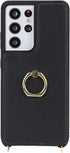 for Samsung Galaxy S21 Ultra Case with Card Holder and Strap for Women,Crossbody Lanyard,Ring Stand,Snap Clasp,Phone Wallet Cases 6.8 inch(Black)....