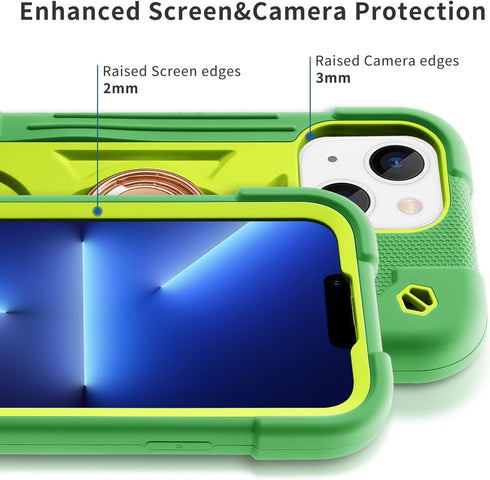 for iPhone 14 Case/iPhone 13 Case Inch with Ring Stand, with 2 Pack Glass Screen Protector + 1 Pack Camera Lens Protector,Heavy-Duty Shockproof Mi...
