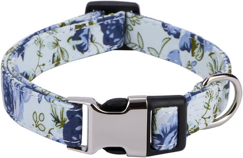Girl Dog Collar for Small Medium Large Dogs, Cotton Pet Collar, Flowers Daisy and Rose Patterns with Quick-Release Buckle (Rose Blue, M)...