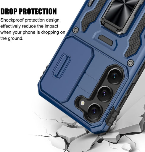 for Samsung Galaxy S23 Case, Shockproof Phone Case with Sliding Camera Cover & Rotatable Ring Holder Kickstand + Tempered Glass Screen Protector f...