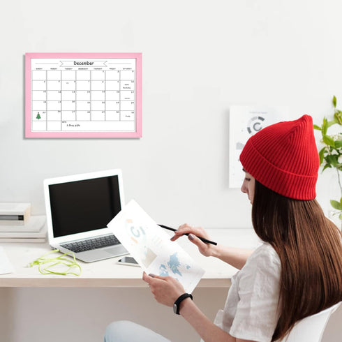 Dry Erase Monthly Calendar Board, Magnetic Whiteboard for Wall, Office/School/Home, Solid Wood Pink Frame Hanging Board 10.5"x 14.5"(YL-Pink-2737-...