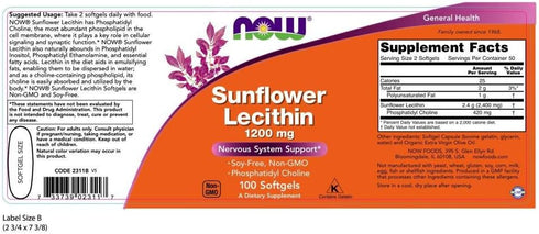 NOW Supplements, Sunflower Lecithin 1200 mg with Phosphatidyl Choline, 100 Softgels...