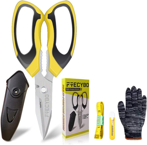 Scissors Heavy Duty 8'', Carpet Scissors, Multipurpose Scissors with Protective Cover, Stainless Steel Serrated Blades, Easy Cutting Cardboard, Le...