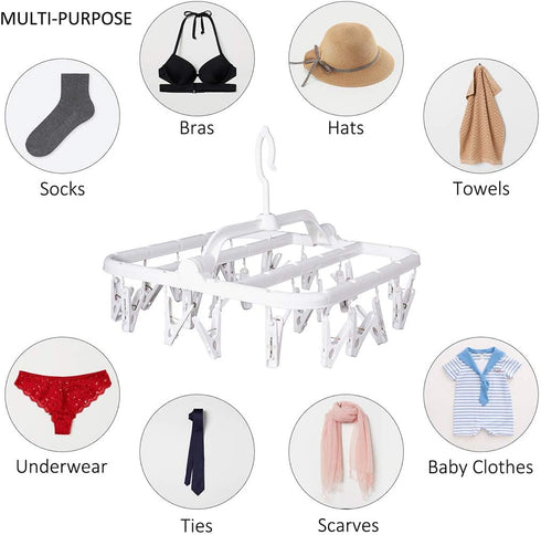 Foldable Clip Hangers with 26 Drying Clips, Underwear Hanger with Clips, Plastic Laundry Clip and Drip Drying Hanger for Socks, Bras, Lingerie, Cl...