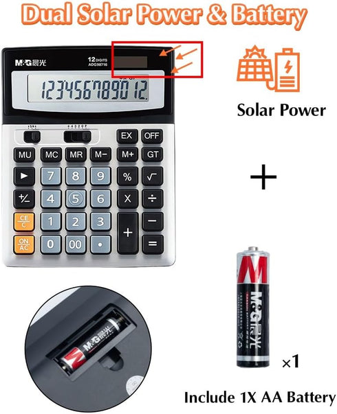 M&G Desk Calculator 12 Digit Extra Large LCD Display Calculator, Dual Solar Power and Battery, Battery Included, Metal Panel Comfort Button Calcul...