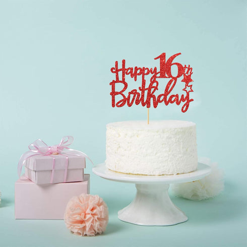 Red Glitter Happy 16th Birthday Cake Topper - Sixteen Sign Cake Topper - Cheers to 16 Years Party Supplies - 16th Birthday Party Decorations...