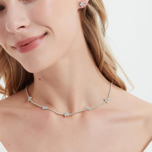 Flower CZ Crystal Wedding Jewelry Set Cubic Zirconia Choker Necklace Stud Earrings Set for Bridesmaid Bridal Prom Homecoming...