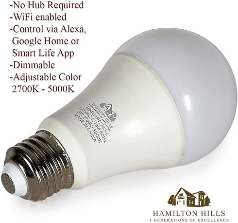 Hamilton Hills LED Smart Bulb - Smart Home Certified Standard Universal A19 E26 Dimmable Lightbulb WiFi Enabled No Hub Required Color Tunable 2700...
