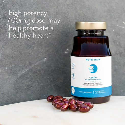 Nutri-Rich CoQ10 HIGH POTENCY 100mg coenzyme Q10, Ubiquinone, Antioxidant for Heart Health & Cellular Energy, Naturally Fermented, for Aging & Sta...