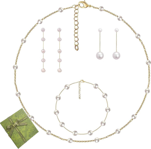 Pearl Necklace and Earring Set - 4PCS Pearl Jewelry Set for Women Adjustable Gold Plated Pearl Choker Bracelet Earrings Set Trendy Gifts (Satellit...
