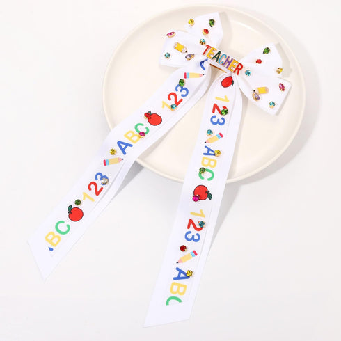 Teacher Hair Bows for Women Teacher ABC Pencil Hair Bow Clips Jeweled Satin Ribbon Bow Barrette Hair Clip Back to School Accessories Teacher Appre...