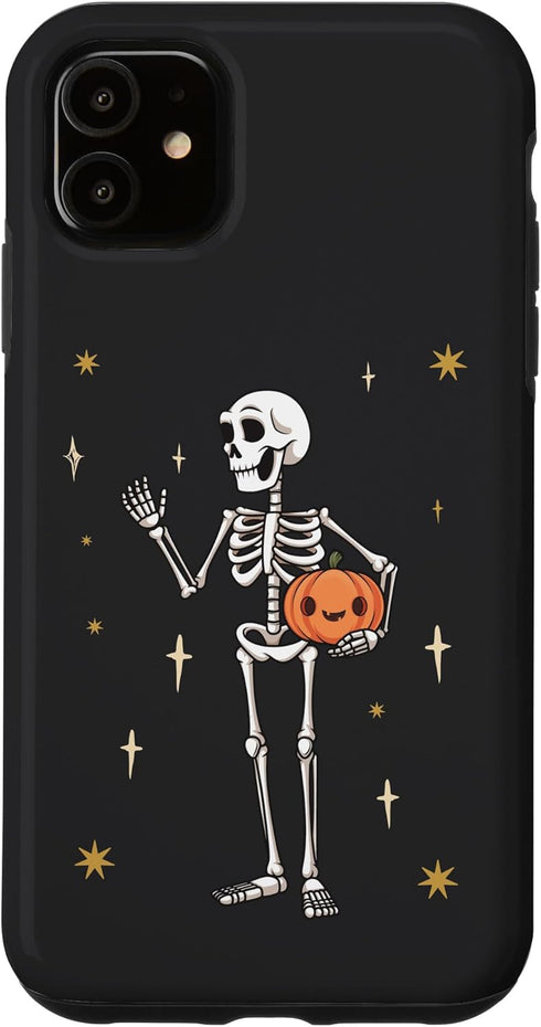 iPhone 11 Funny Halloween Skeleton Holding Jack-O-Lantern Pumpkin Case...