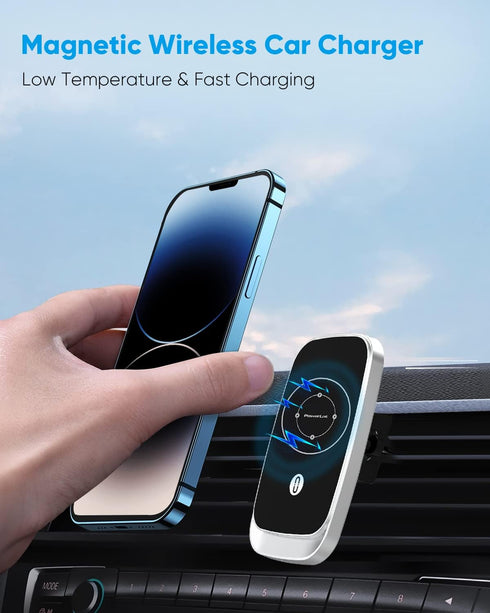Magnetic Car Charger Mount, Powerlot 15W Fast Wireless Car Charger with Strong Suction & 360° Rotation Windshield Dash Air Vent Mountable Phone Ho...