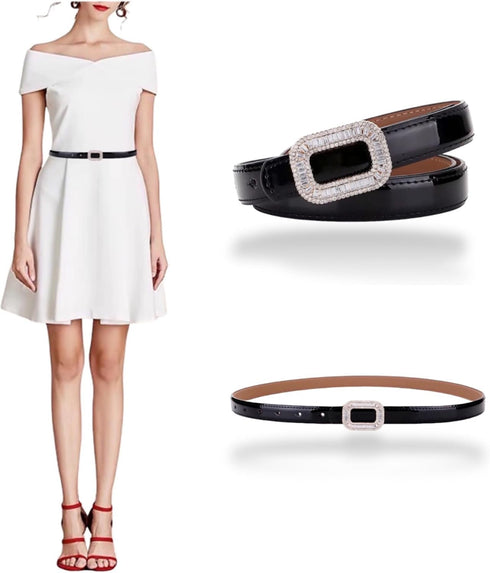Women's Belt Dress Genuine Leather Skinny Patent Leather Belts Gold Rectangle Shiny Rhinestone Buckle Waistband...