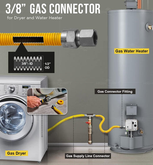 Gas Connector Kit 48 inch Yellow Coated Stainless Steel, 5/8” OD Flexible Gas Hose Connector for Gas Range, Furnace, Stove, 3/8” MIP x 3/8” MIP St...