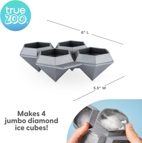 True Zoo Jumbo Iced Out Diamond Ice Tray, Silicone Mold and Ice Cube Tray for Cocktails, Makes 4 Ice Cubes, Grey, Set of 1...