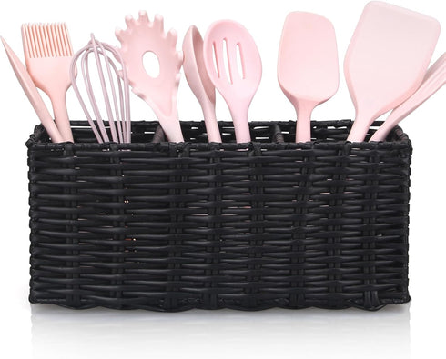 Ayiaren Wicker Silverware Cutlery Holder Black Flatware Utensil Caddy Best Silverware Organizer Storage for Countertop Party Kitchen Utensils Hold...