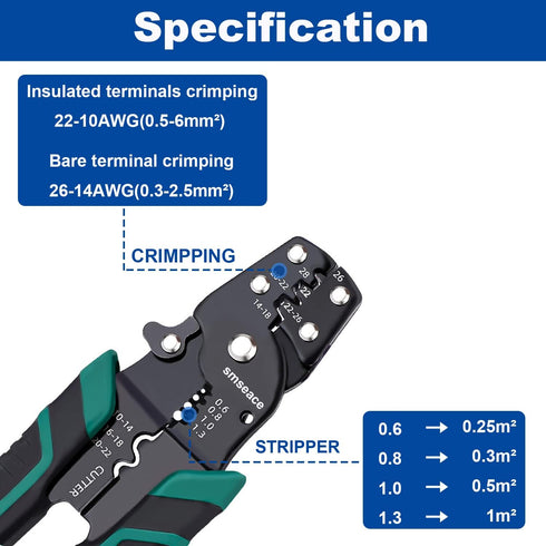 Tnisesm Wire Crimping Tool 26-10 AWG, Crimping Pliers with Stripper Cutter for Open Barrel Terminals and Heat Shrink Connectors...