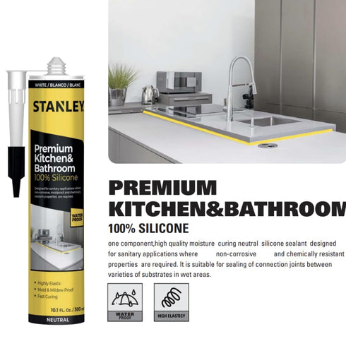 Stanley Premium Kitchen & Bathroom 100% Silicone Caulk - 1x 10.1 fl.oz. White- Low Odor, UV Protection, Waterproof Sealant and Adhesive for Kitche...